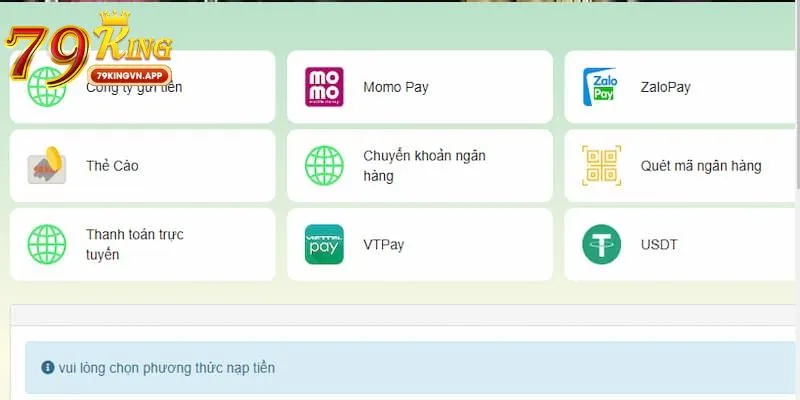 Chọn phương thức nạp tiền 79king phù hợp