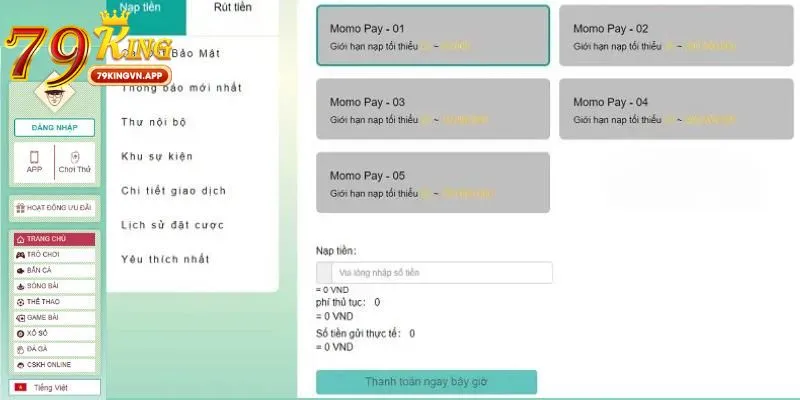 Nạp tiền 79king thông qua ví điện tử